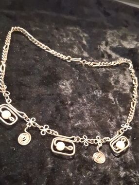 Hand Made Sterling Silver Wire Wrapped Necklace with White Bead Accents 14 In L.